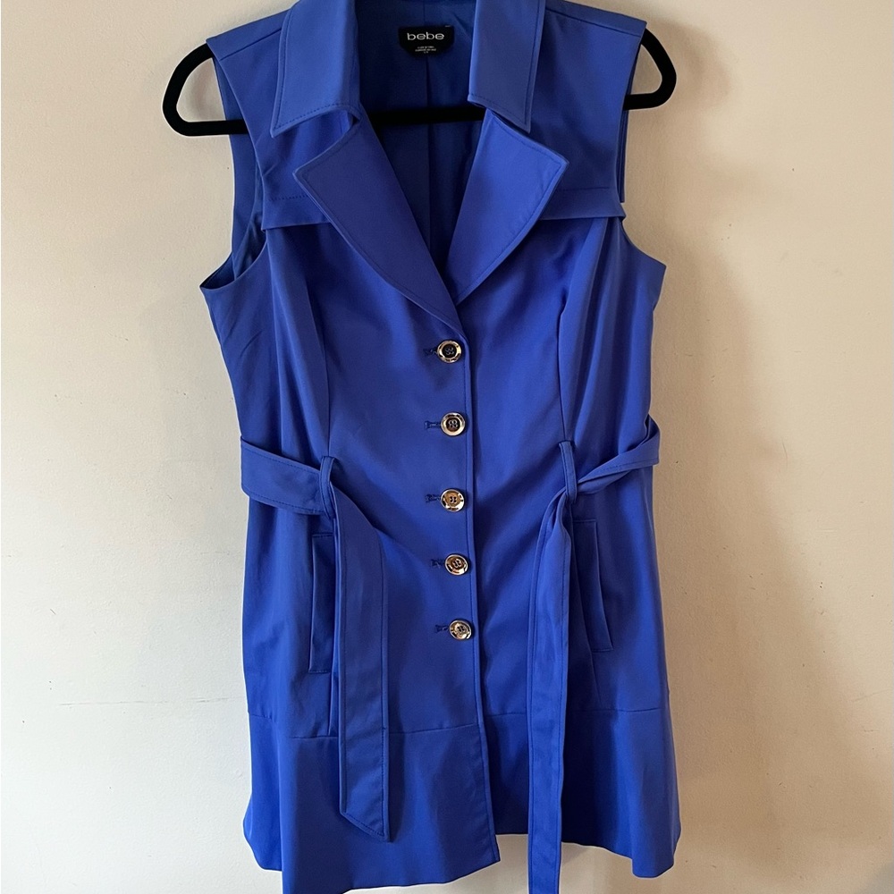 Y2K Bebe cobalt blue Sleeveless Belted Trench Mini Dress W Buttons Pockets Sz L